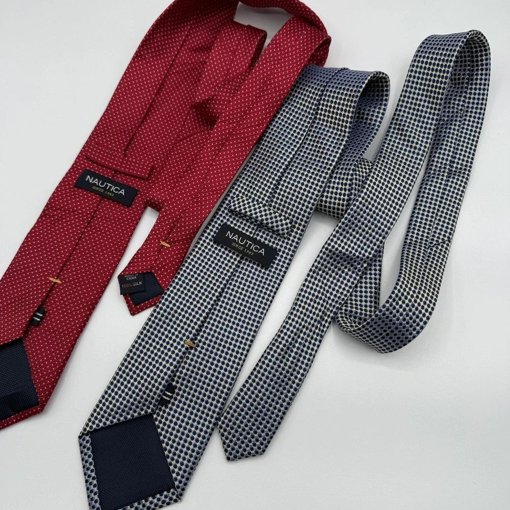 Nautica Ties Neckties Mens 100% Silk Red Navy‎ Geometric Microdot Lot of 2